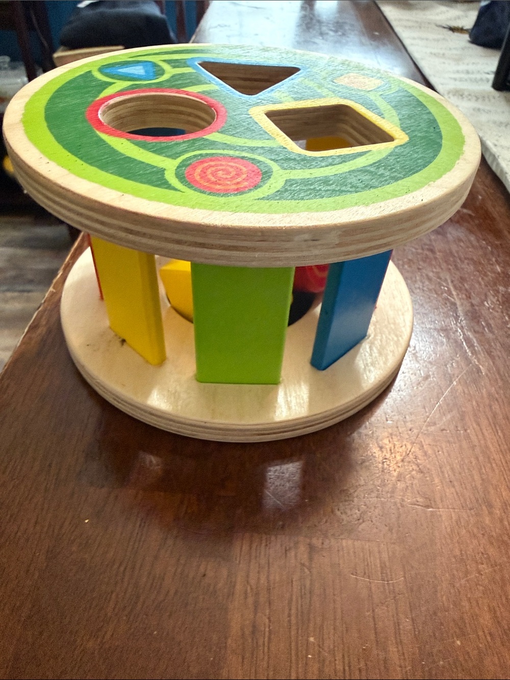 Wooden Shape Sorter Toy in Green, Yellow & Blue - Classic Kids Toy